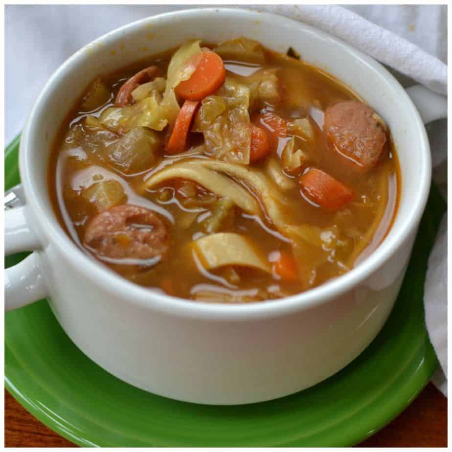 Savory Chicken Sausage Cabbage Noodle Soup Small Town Woman