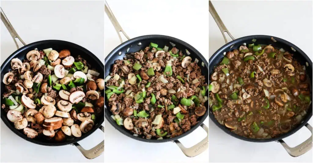 Some of the steps to making philly cheesesteak pasta. Meanwhile, brown the hamburger in a large ovenproof skillet over medium heat. About one-third of the way through the browning process, add the mushrooms, onions, and bell peppers. Cook until the beef and mushrooms are brown, and the onions and bell peppers are soft. Reduce the heat to medium-low and stir in the French onion soup and Worcestershire sauce. 