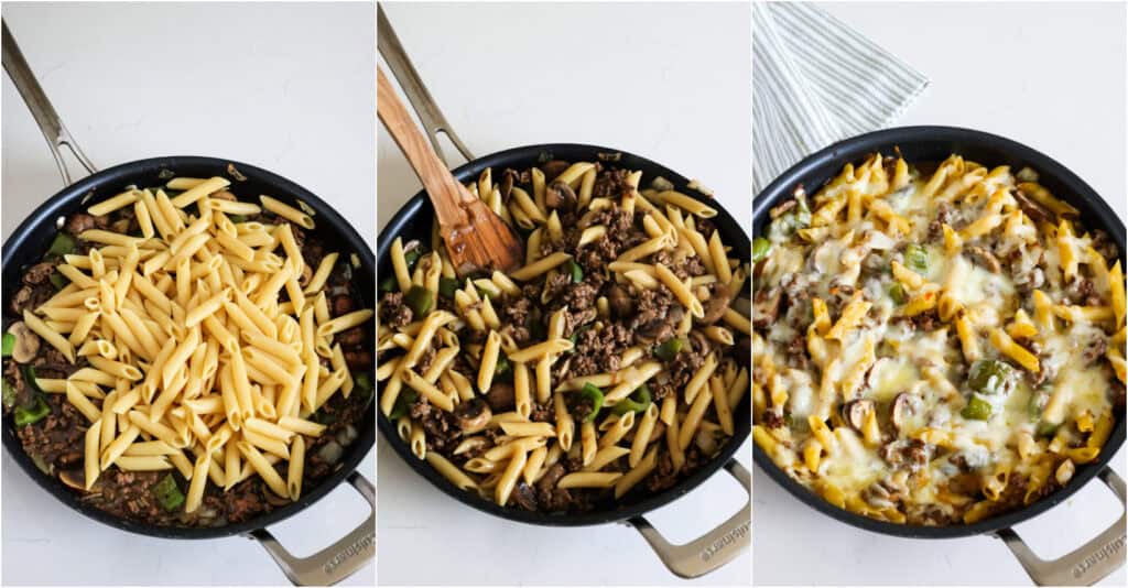 Some of the steps to making philly cheesesteak. Reduce the heat to medium-low and stir in the French onion soup and Worcestershire sauce. Whisk the cornstarch and the water. Whisk the mixture into the skillet and simmer for 5 minutes or until thickened.

Add the pasta to the skillet and stir to coat. Top with the shredded cheese and place it in the oven for about 15 minutes or until the cheese melts and lightly brown.