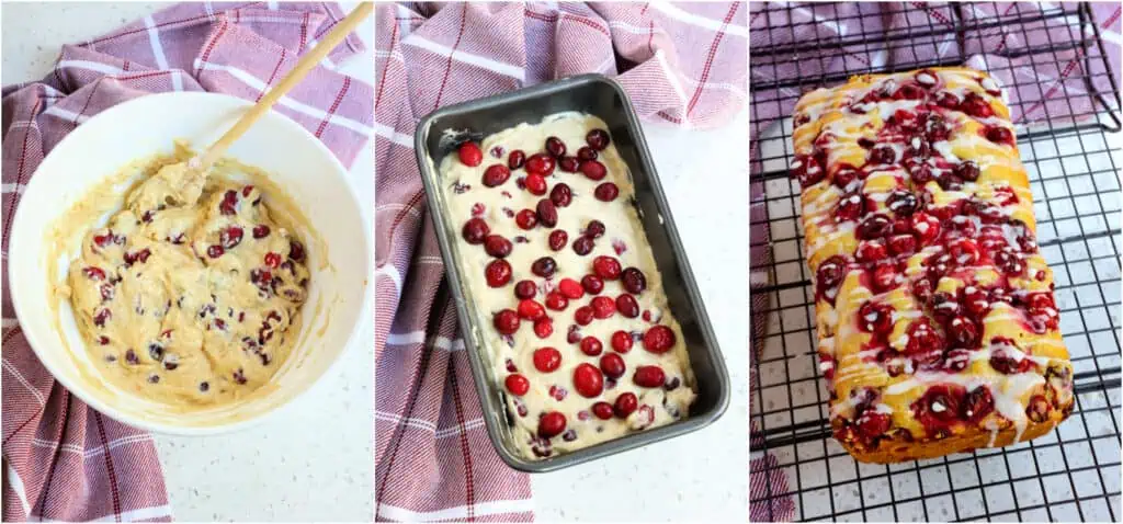 Some of the steps to making cranberry orange bread. Mix the batter. Pour it into a greased loaf pan, bake and drizzle with the orange glaze. 