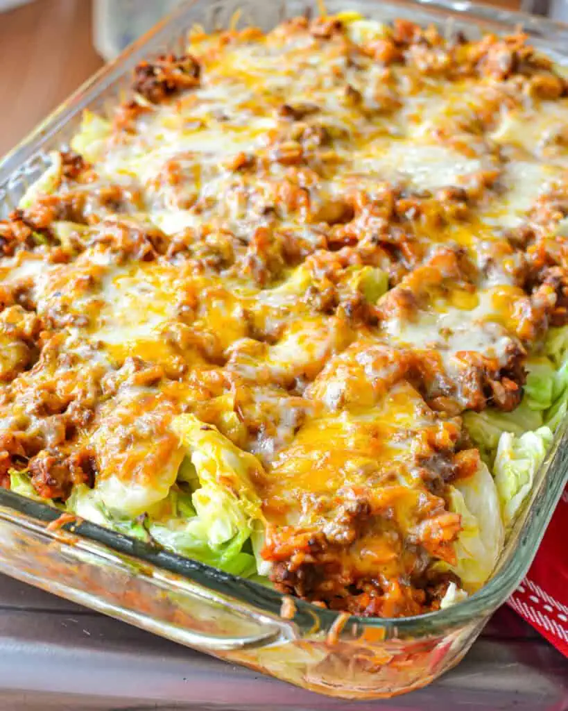 A 9x13 inch glass casserole dish full of cabbage roll casserole. 