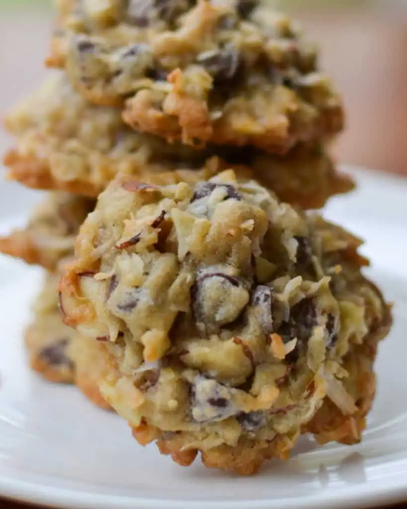 Close up view of an almond joy cookie. 