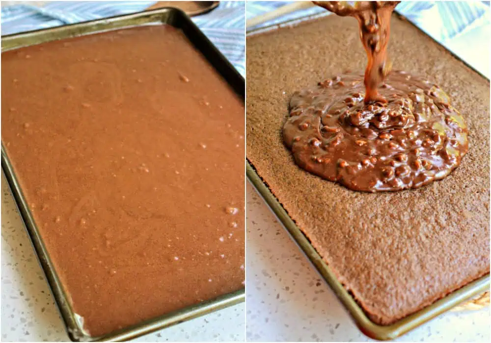 Some of the steps to making Texas sheet cake.pour the chocolate mixture in as well. Stir to combine, mixing just until incorporated. Pour the batter into a greased and floured jelly roll pan and bake. Pour the icing over the warm cake, spreading it with a spatula. Let the frosting set for about 15 minutes before slicing and enjoying the cake.