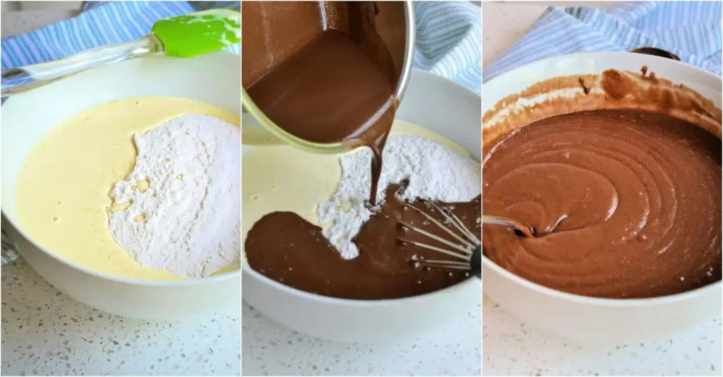 Some of the steps to making Texas sheet cake. Once the chocolate mixture has cooled for about 20 minutes, pour the egg and sour cream mixture into the flour mixture. Now, pour the chocolate mixture in as well. Stir to combine, mixing just until incorporated. Pour the batter into a greased and floured jelly roll pan and bake.