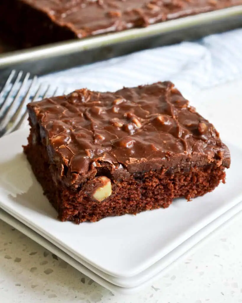 A side view of a piecce of Texas sheet cake. 