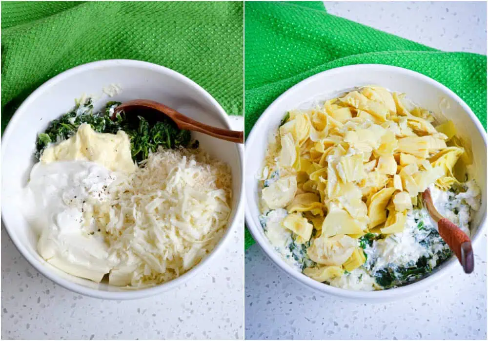 Some of the steps to making spinach artichoke dip. in a medium bowl stir together the garlic, softened cream cheese, mayo, sour cream, grated Parmesan Cheese, shredded mozzarella, chopped spinach, chopped artichoke hearts, salt, and black pepper.