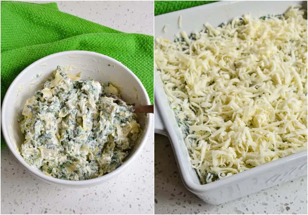 Some of the steps to making spinach artichoke dip. Spoon the mixture into a greased baking dish and sprinkle with more mozzarella. 