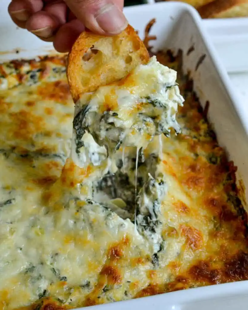 A crostini with spinach and artichoke dip on it over a casserole dish filled with spinach artichoke dip. 