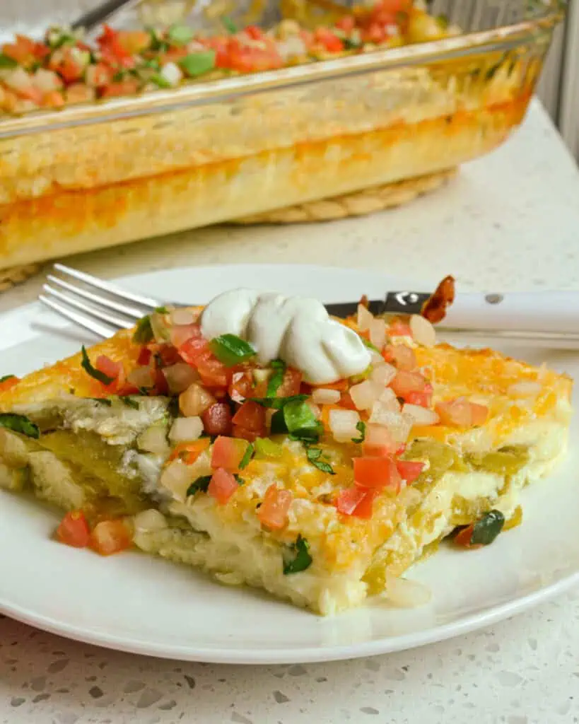 Chile Relleno Casserole is loaded with green chiles, Monterey Jack cheese and cheddar cheese. 