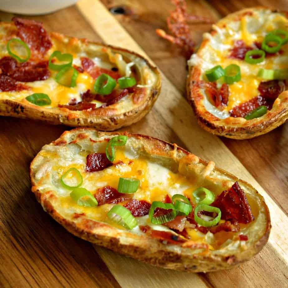 Crispy Potato Skins with Cheddar, Monterey Jack and Bacon