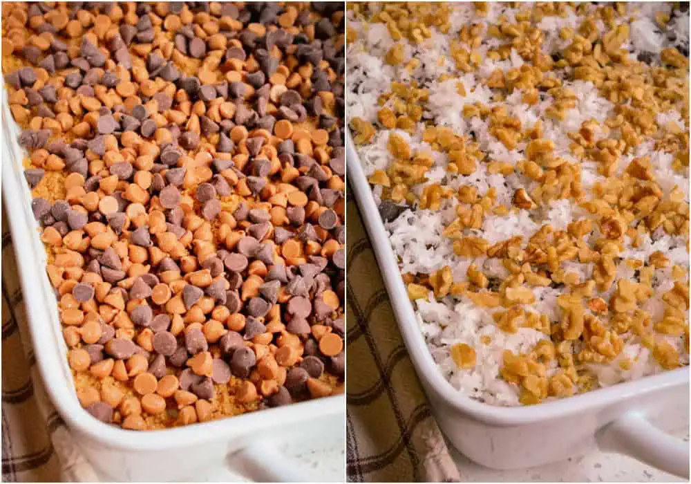 Start by mixing the crushed graham crackers with the melted butter. Press the mixture into a greased casserole dish. Then sprinkle the chocolate chips, peanut butter chips, shredded coconut, and chopped walnuts over the top.