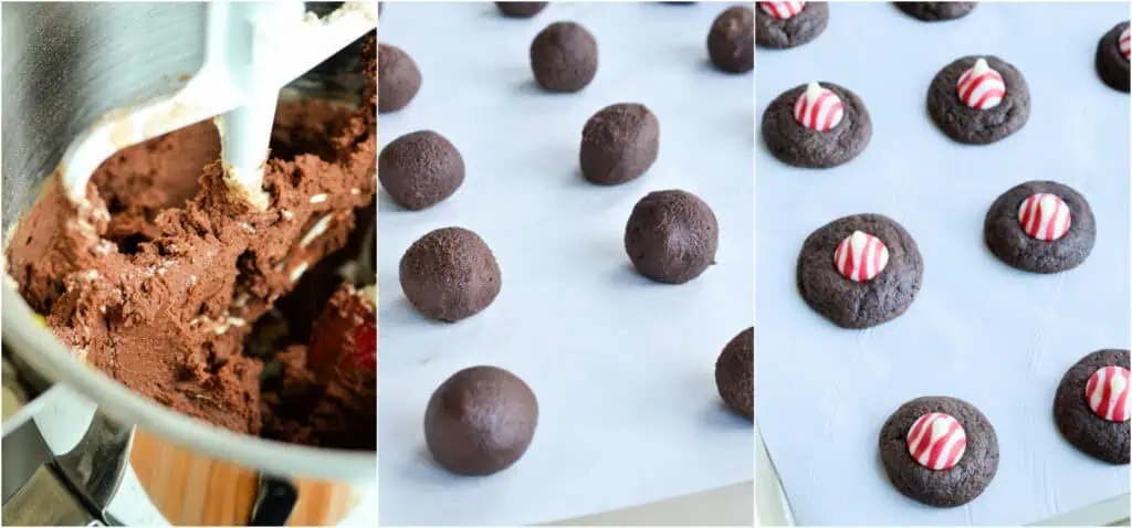 The steps to making chocolate peppermint thumbprint cookies. Add the dry mixture to the butter mixture in three parts. Blend after each addition just until combined, scraping down the side of the mixer bowl as needed. Remove the bowl from the mixer, cover, and refrigerate for at least three hours up to overnight. The dough will be sticky, so butter your hands and roll the dough into balls about 1 inch in diameter. Place on cookie sheets covered with parchment paper or silicone mats. Bake for about 7-8 minutes.