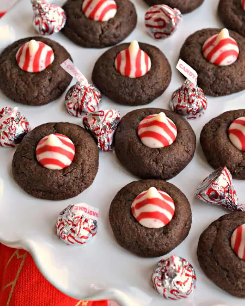 Peppermint Chocolate Thumbprint Cookies and peppermint kisses on a serving platter! 