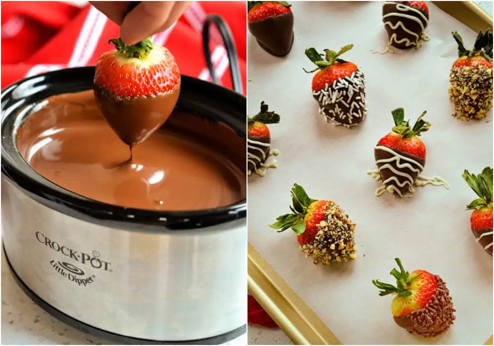 Next, dip your strawberries into the chocolate and lift slowly, letting the excess chocolate drip off.  Then, gently place them on parchment-covered baking sheets. If desired, use a small spoon to sprinkle some of the strawberries with chopped nuts, graham cracker crumbs, sprinkles, or crushed cookies. 