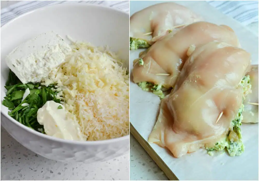 Some of the steps to making stuffed chicken breasts. Mix the chopped spinach, herb cream cheese, mozzarella, Parmesan, mayonnaise, and minced garlic. Set it aside for a few minutes. Then, use a sharp knife to cut the pockets in your chicken breast. Take your time and be careful not to cut through the chicken breast's top, bottom, or opposite side. Spoon the spinach mixture into the pockets and secure with 1-2 toothpicks.