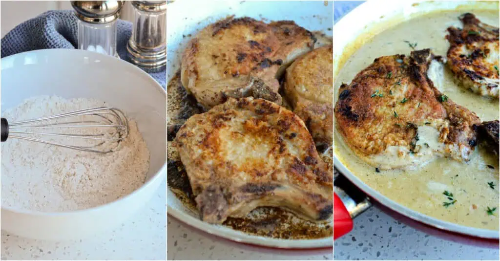 The steps to making smothered pork chops. Start by combining the flour, garlic powder, onion powder, salt, and pepper in a shallow bowl wide enough to bread the pork chops in. Dredge the pork chops in the flour mixture. Heat the vegetable oil in a large skillet over medium heat.  

Sear the pork chops until golden brown on both sides.  Go ahead and plate them, covering them loosely with an aluminum foil tent.