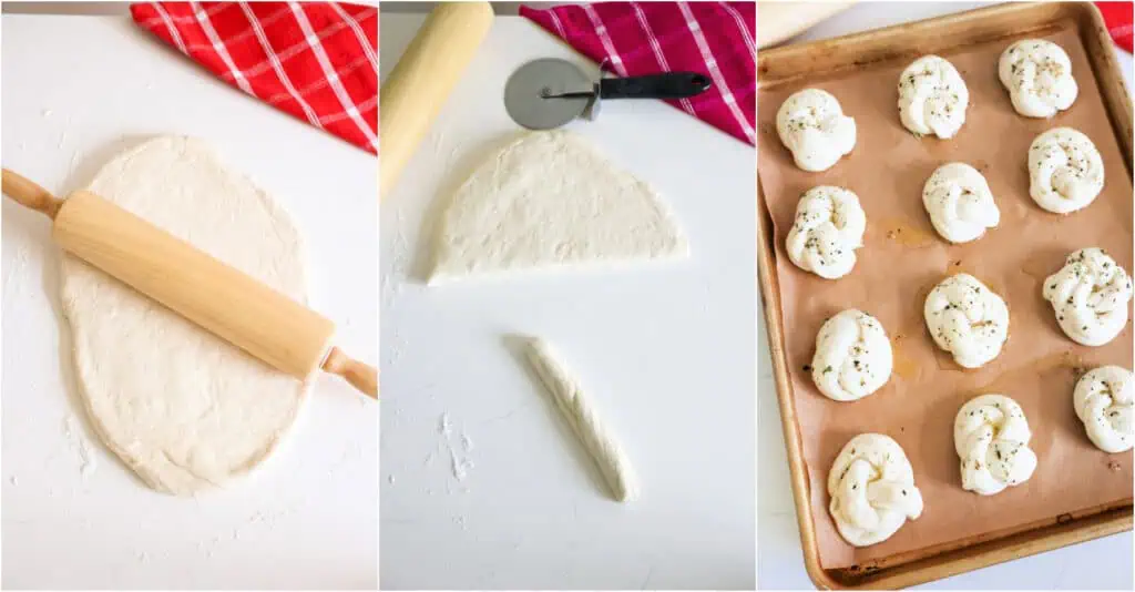 Some of the steps to making garlic knots. gently roll out or pat the dough into a 15-inch rectangle on a lightly floured surface. Using a pizza cutter, divide the dough into twelve even pieces. Roll each piece into a rope, tie it into a knot, and place it on a parchment-covered baking sheet, tucking the ends under. Leave about 1 1/2 inches of space between each knot for rise. 