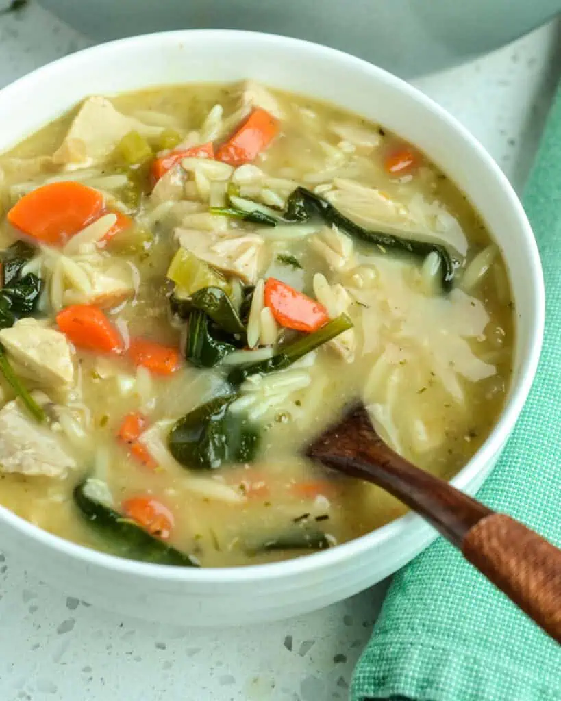 A close up view of lemon chicken orzo soup in a single serving bowl. 