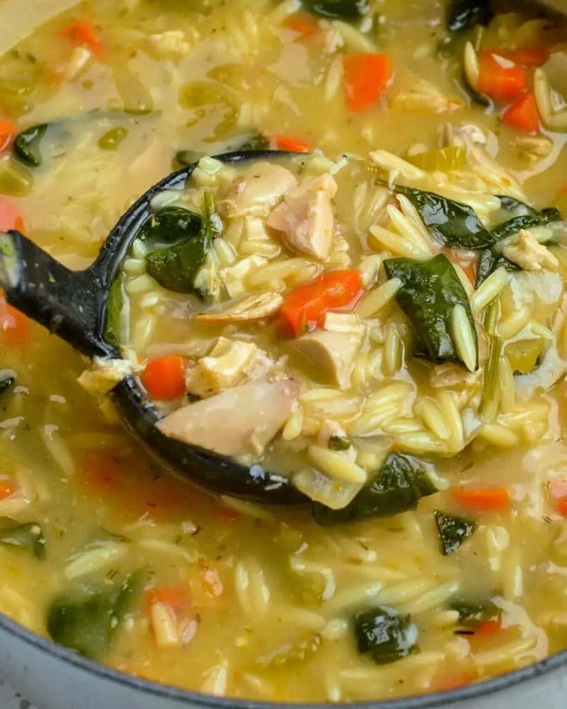 A Dutch oven and soup ladle full of lemon chicken orzo soup