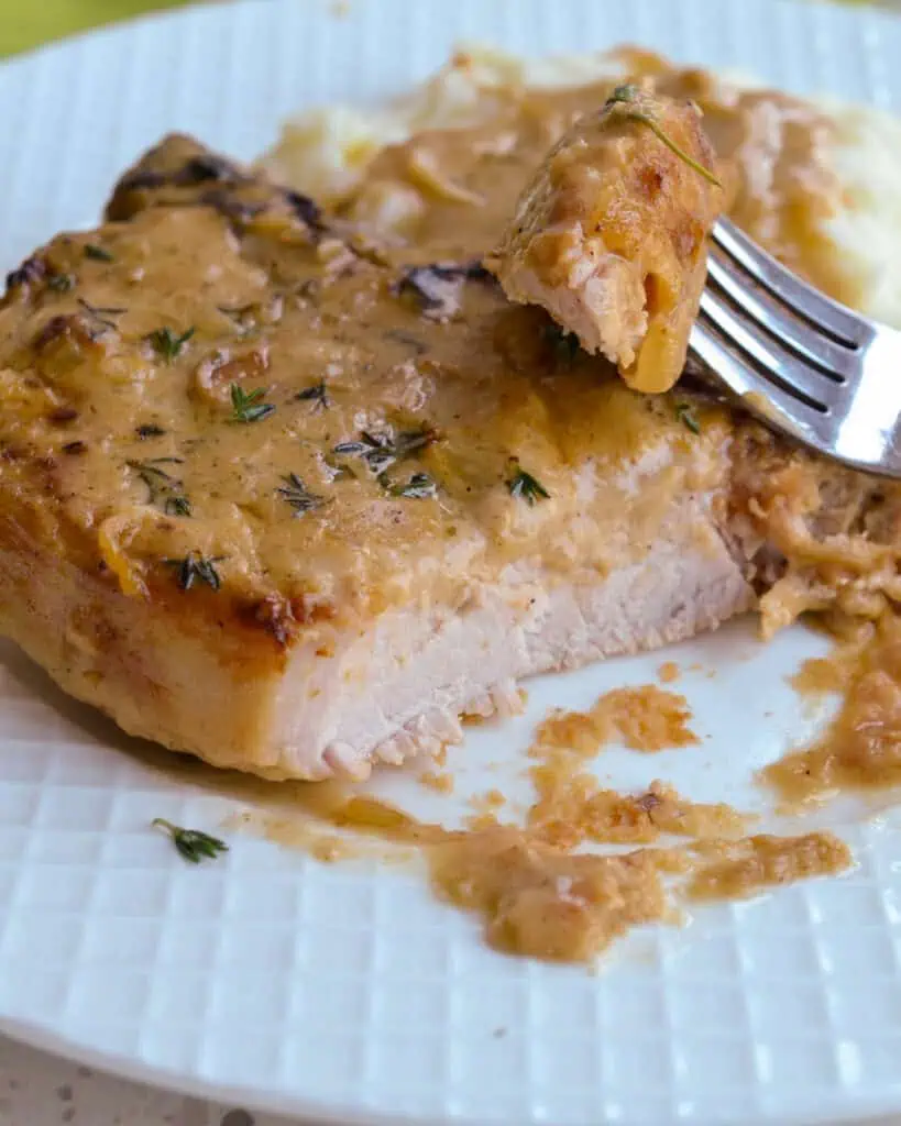 A smothered pork chop on a single serving plate with a bite cut out of it. 