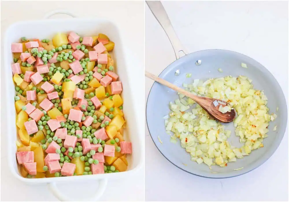 Some of the steps to making cheesy ham and potato casserole. Cube the potatoes and ham. Mix them in a large baking dish along with the frozen peas. Melt the butter in a large skillet or medium saucepan over medium heat and add the onions. Cook until the onions soften. Reduce the heat to low, add the garlic, and cook for a minute. 