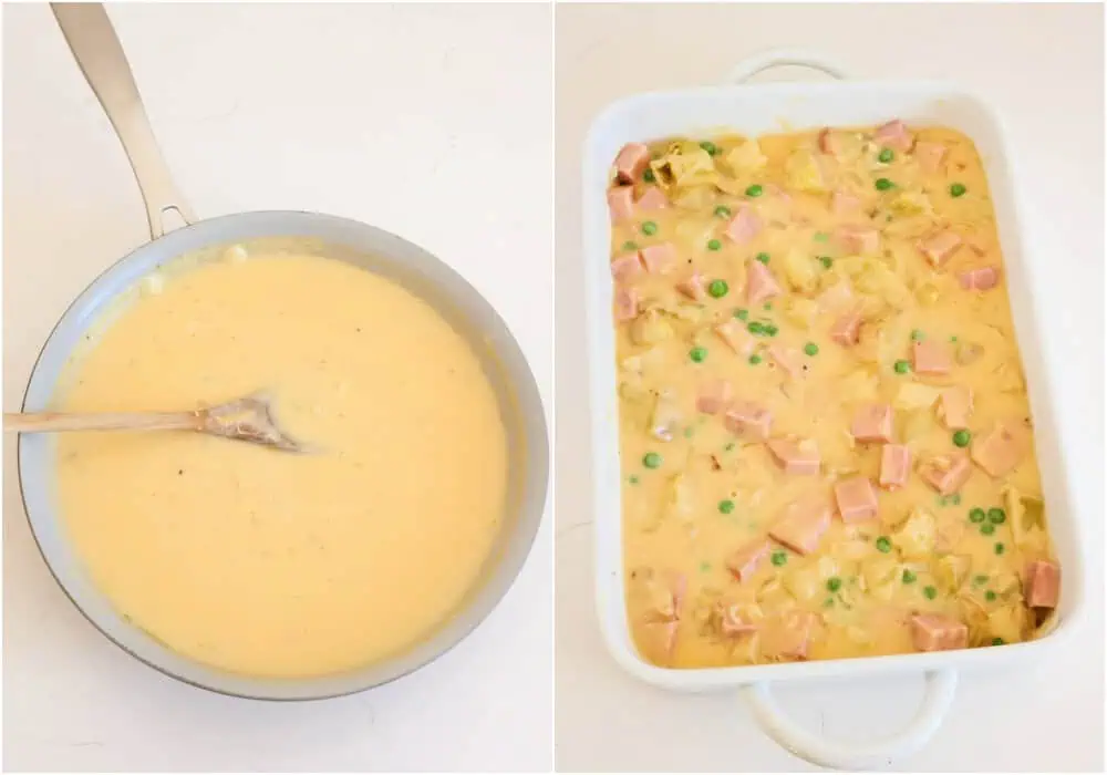 Some of the steps to making cheesy ham and potato casserole. Sprinkle in the flour and continue cooking for a few minutes, stirring constantly. Slowly add the chicken broth and milk, whisking until it is smooth and slightly thickened.

Reduce the heat to low and slowly add the shredded cheddar cheese and grated Parmesan, whisking until melted and smooth. Stir in the salt and pepper and pour the sauce over the ham and potatoes, stirring to coat.