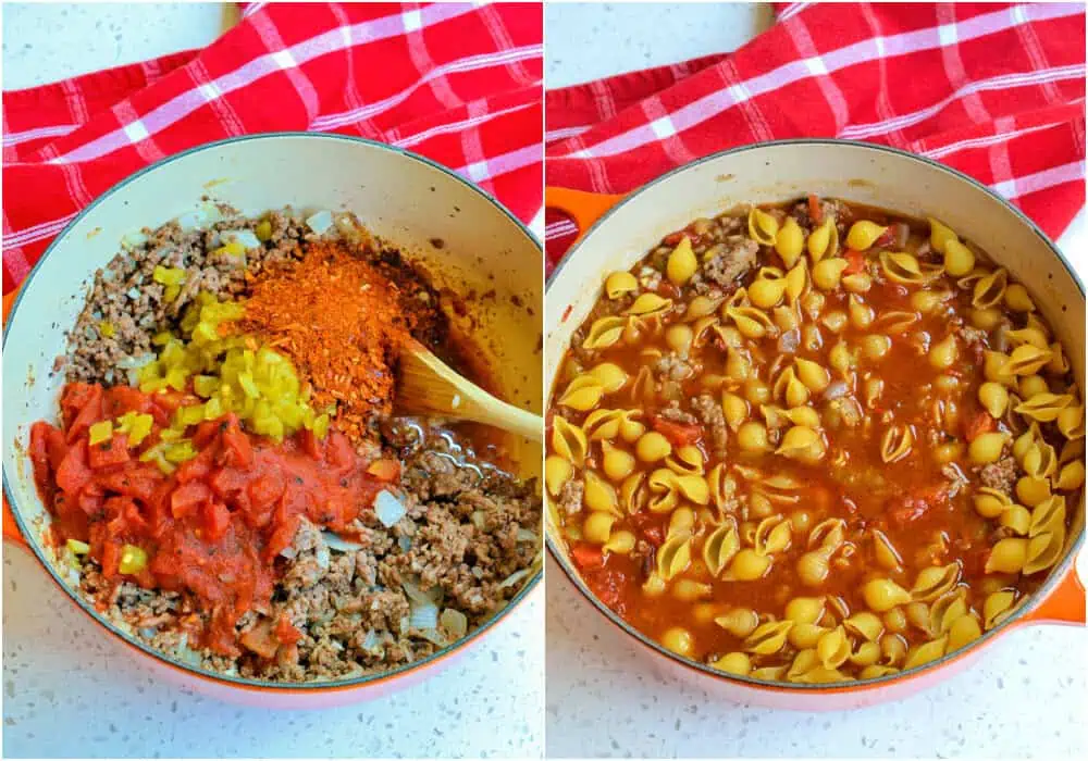 Some of the steps to making taco pasta. Add the fire-roasted diced tomatoes, green chilies, taco seasoning, and beef broth. Bring it to a low boil and then reduce to a simmer. Add the pasta, cover, and cook until the pasta is tender.