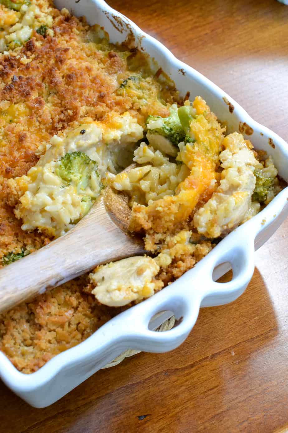 chicken broccoli rice casserole with ritz cracker topping