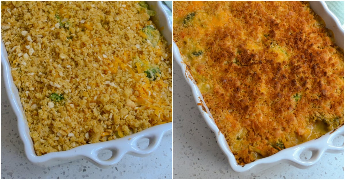 chicken broccoli rice casserole with ritz cracker topping