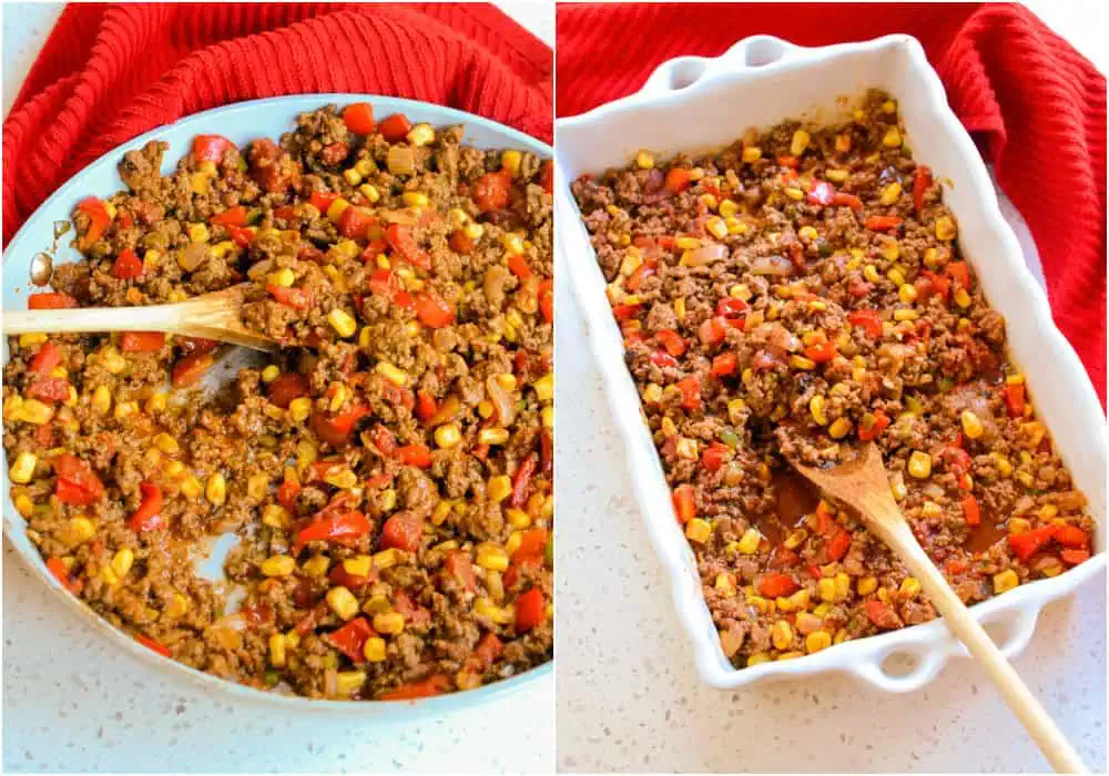 Some of the steps to making tamale pie. First, brown the ground beef in a large skillet over medium heat. Add the onions, bell peppers, and jalapeno when the beef is about halfway brown. Continue cooking until the beef is brown and the onions and bell peppers are soft. 

Then, reduce the heat to low and add the garlic. Cook for about 1 minute, stirring continuously. Add the fire-roasted tomatoes, corn, tomato paste, chili powder, and cumin. Simmer for about 10 minutes while you mix the topping.