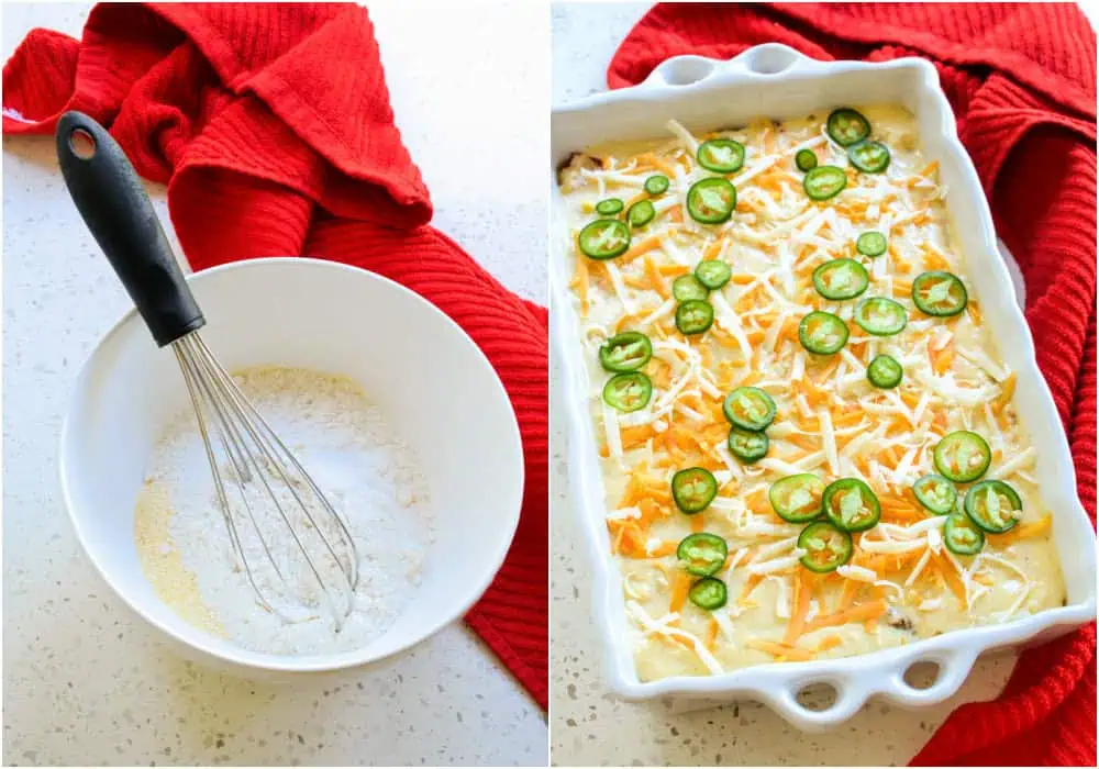 Some of the steps to making tamale pie. Whisk together the cornmeal, flour, baking powder, and salt in a large bowl. Top with the cornbread mixture using a spatula to even the top. Then top with a little more cheese and jalapeno rings