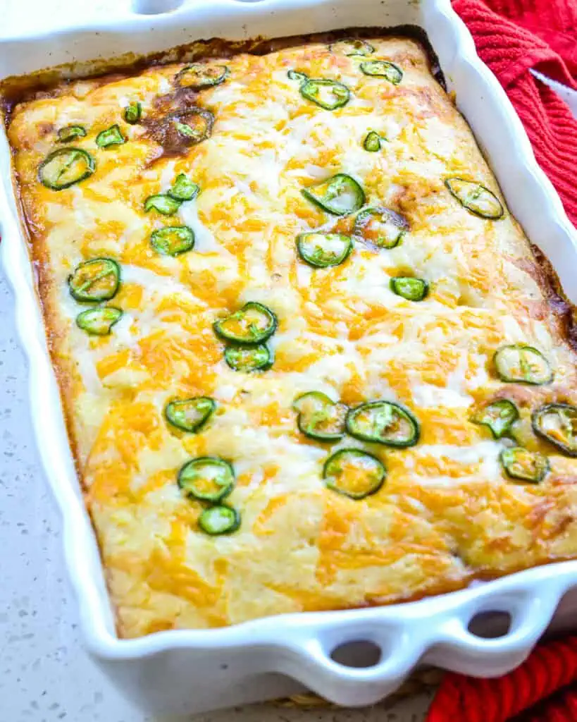 A hot tamale pie fresh out of the oven. 