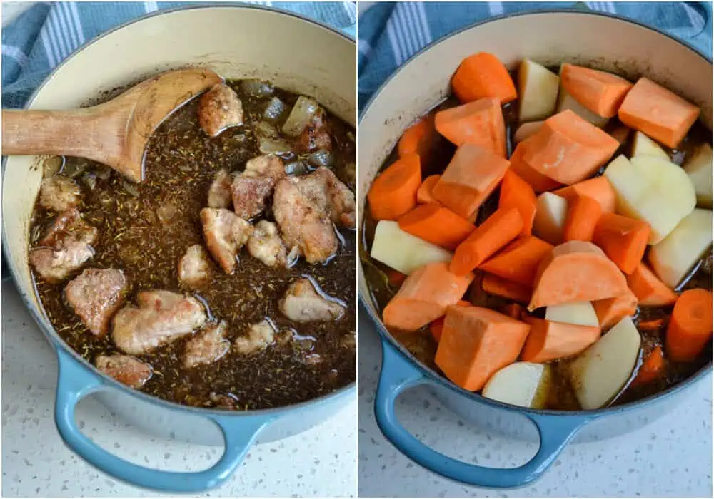 There are a few steps to making hearty pork stew with root vegetables. 