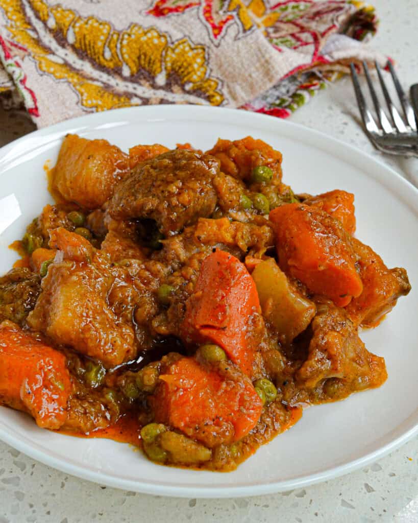 A close up view of pork stew on single serving plate with a napkin in the background. 