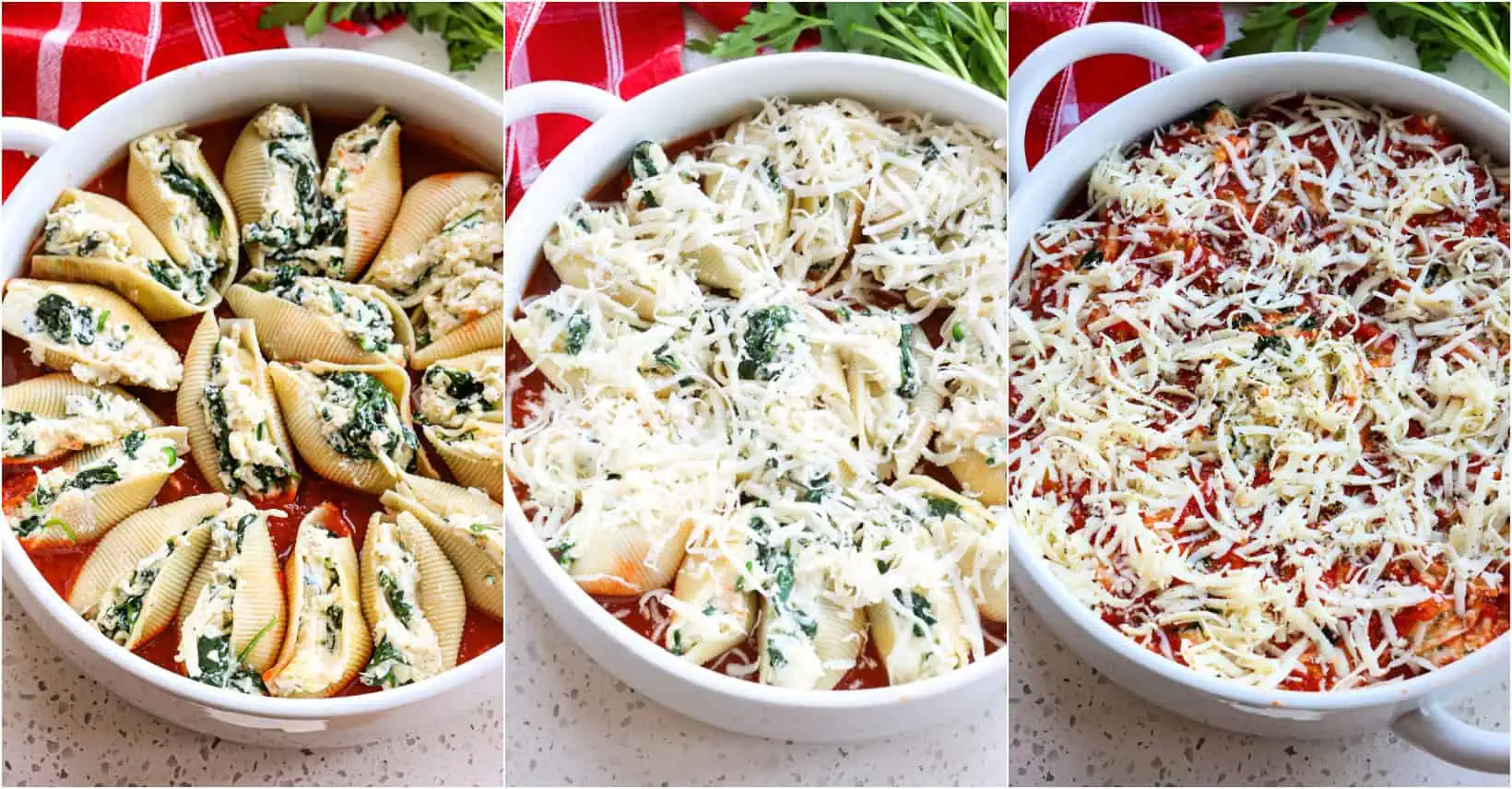 Arrange the stuffed shells in the casserole dish and top with marinara and mozzarella.