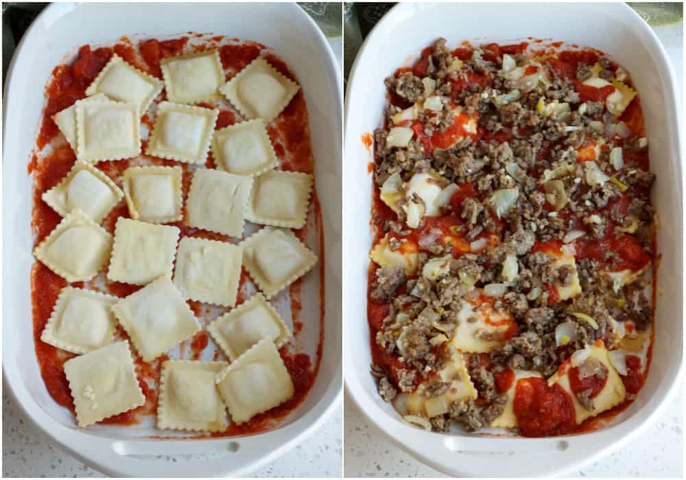 Layer the casserole with ravioli, marinara, browned sausage, and mozzarella. 