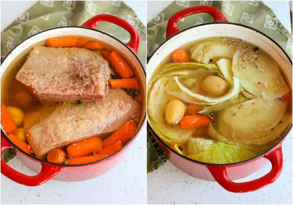 Some of the steps to making corned beef and cabbage. First, add the corned beef to a large Dutch oven or stockpot and cover it with cool water or beef broth. Now add the bay leaves and the spice packet. Cover the pot and simmer for 2-2 1/2 hours, or until the brisket is almost fork tender.

Add the potatoes, onions, and carrots, and simmer covered for about 30 minutes. Add the cabbage wedges and simmer covered for 10-15 minutes.