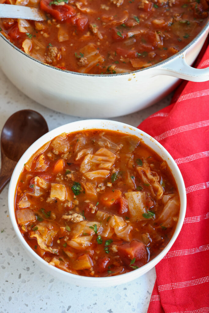 A bowl full of homemade cabbage soup. 