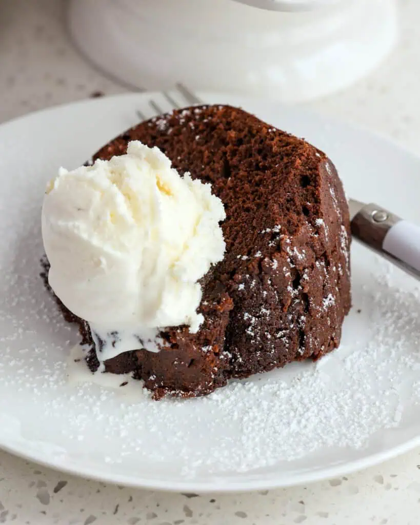 Enjoy this chocolate pound cake taste treat with just a simple powdered sugar dusting and a scoop of vanilla ice cream, fresh berries, or chocolate ganache.