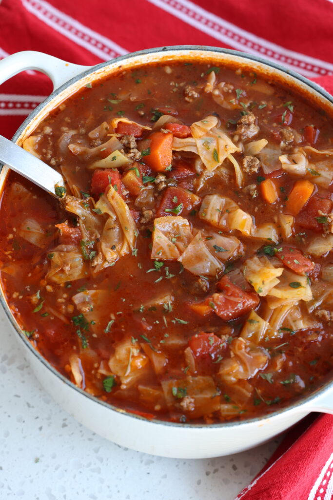 A pot full of homemade cabbage soup. 