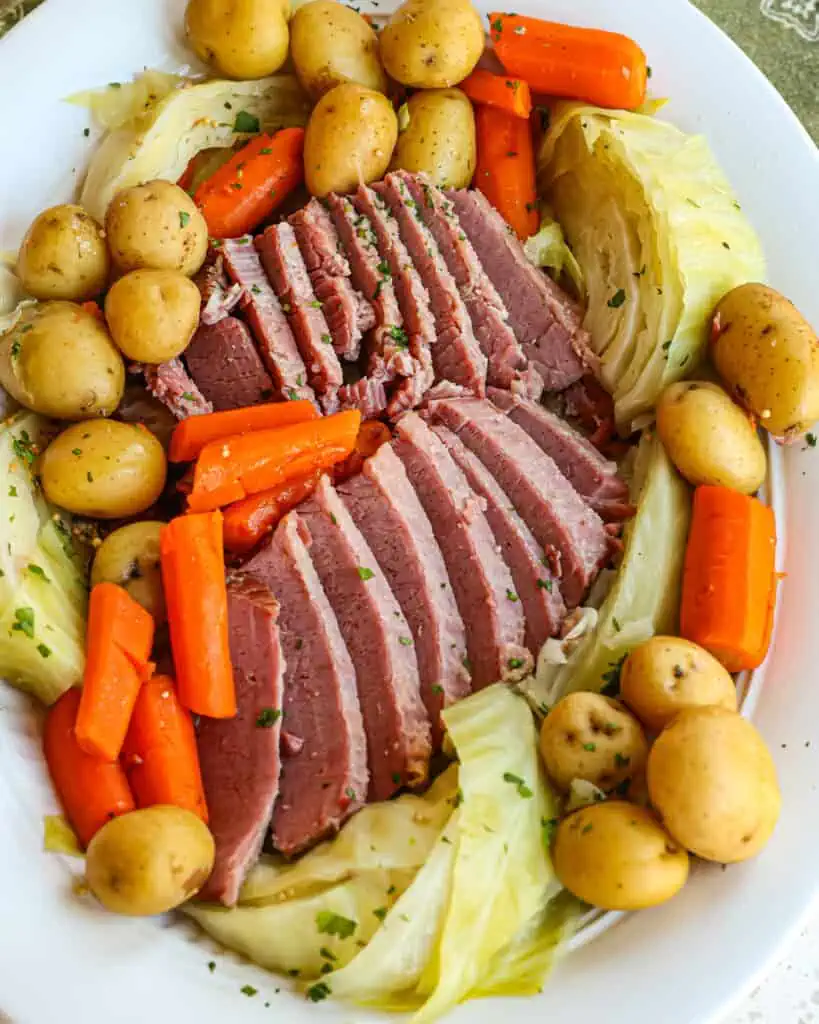 A St. Patrick's holiday meal with corned beef, cabbage, carrots, and potatoes. 