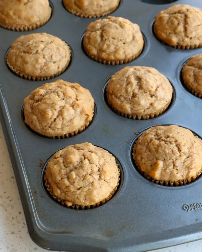 Warm homemade applesauce muffins in a tin. 