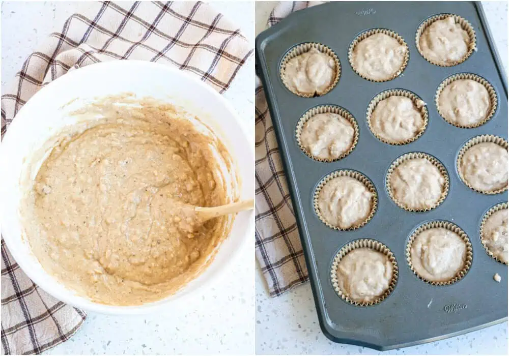 Add the dry ingredients to the wet ingredient and stir just until combined.  Spoon into the muffin cups. 