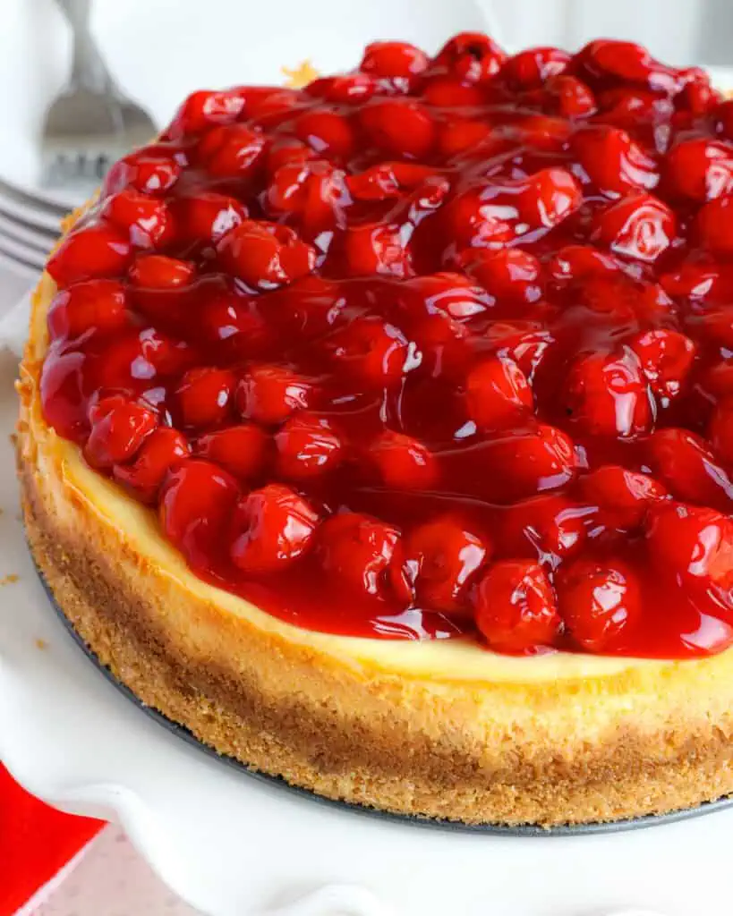 The homemade cheesecake is topped with premium cherry pie filling. 