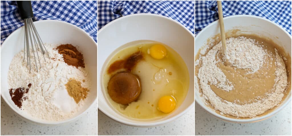 The stesp to making an applesauce cake. In a medium bowl, whisk together the flour, baking powder, baking soda, salt, ground cinnamon, ground ginger, ground nutmeg, and ground cloves. Combine the applesauce, eggs, vegetable oil, sugar, brown sugar, and vanilla extract in a large mixing bowl. Add the dry ingredients to the wet ingredients in several increments, mixing just until combined.