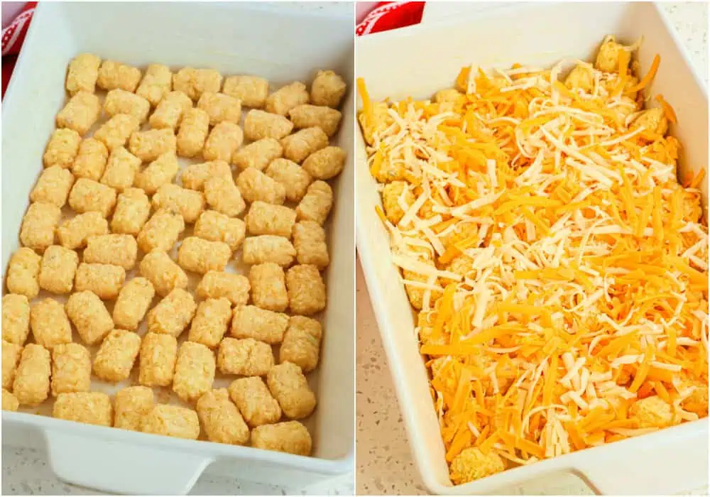 Some of the steps to making tater tot breakfast casserole. Place a single layer of frozen tater tots in the bottom of a greased 9x13-inch baking dish. Cover the tater tots with half the shredded cheddar cheese and half the Monterey Jack cheese. 