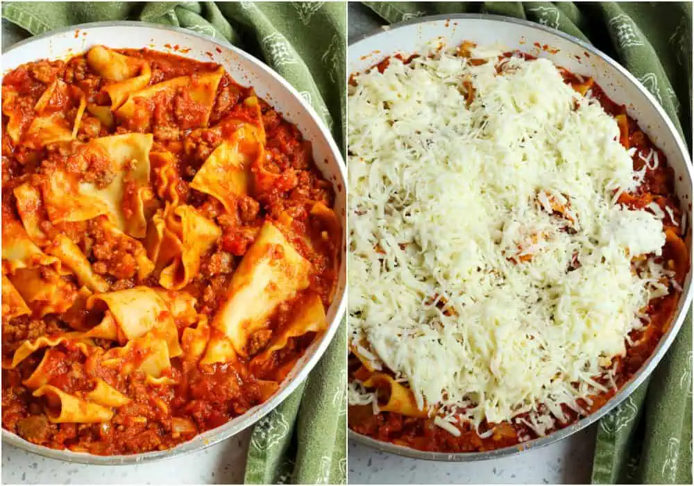 Some of the steps to making skillet lasagna. Now add the marinara sauce, 3/4 cup of water, and lasagna noodles. Push the lasagna noodles under the liquid and cover the skillet with a lid or aluminum foil. Simmer the noodles for about 20 minutes or until tender. Add 1/4 cup additional water at a time if needed to keep the pasta submerged as it cooks. Mix the ricotta cheese, 1 teaspoon Italian seasoning, and roasted garlic if using. Drop the ricotta cheese mixture onto the noodles. Then top with the mozzarella and Parmesan cheese. 
