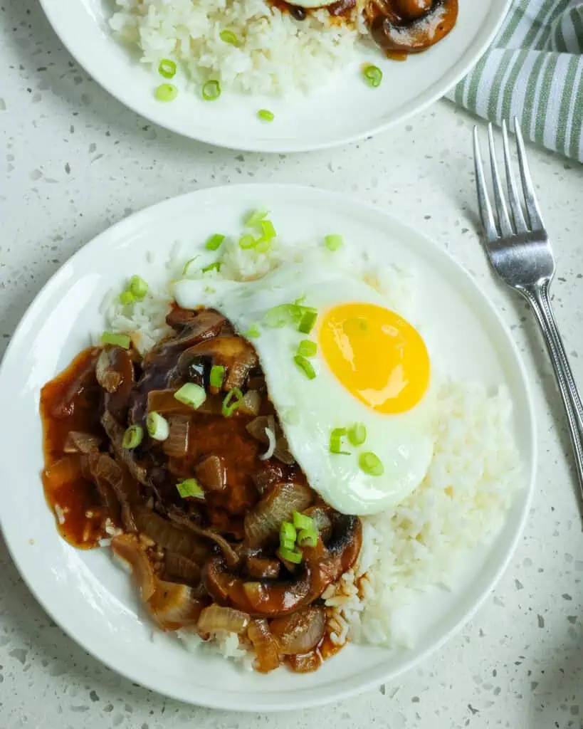 An overhead view of loco moco on a single serving plate with white rice and thin slices of green onion. 