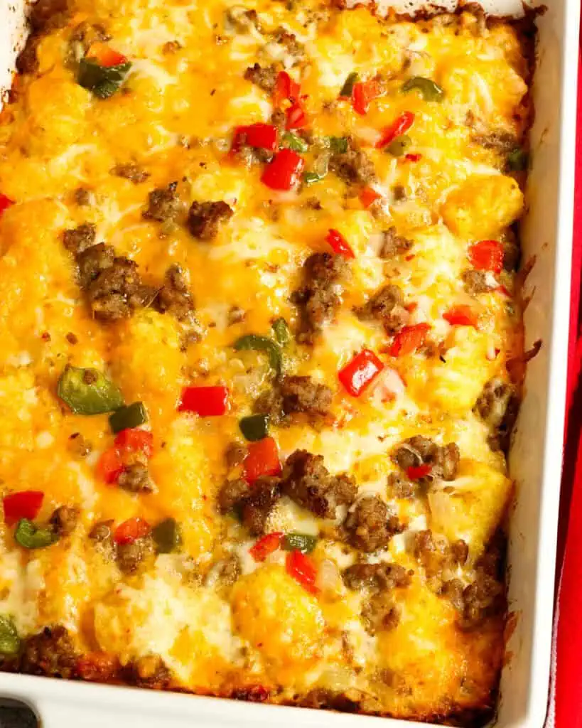 An overhead view of a 9x13 inch casserole dish filled with tater tot breakfast casserole. 