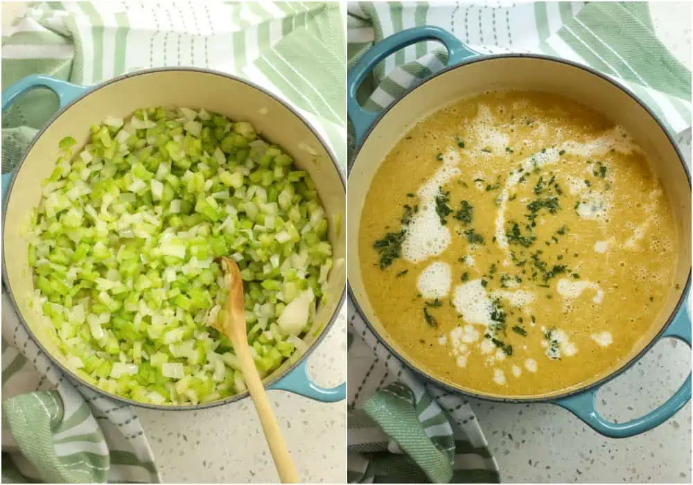 The steps to making cream of celery soup. dd the onions and celery, cooking until they are soft. Reduce the heat to low and add the garlic. Cook for 1 minute while stirring constantly. Now add the bay leaf and low-sodium chicken broth. Bring to a low boil and then reduce to a simmer. Simmer for 20-25 minutes.
Using an immersion blender or stand blender, puree the soup.